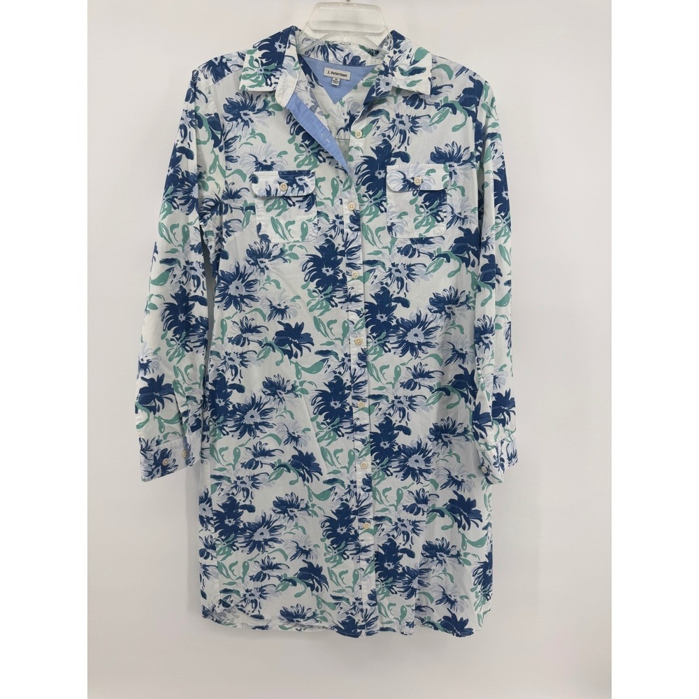 J. Peterman Womens Blue Green Floral Cotton Button Front Shirt Dress Size 10